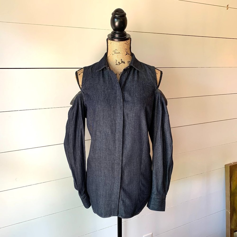Brunello Cucinelli Cold Shoulder Denim Blouse Sz L